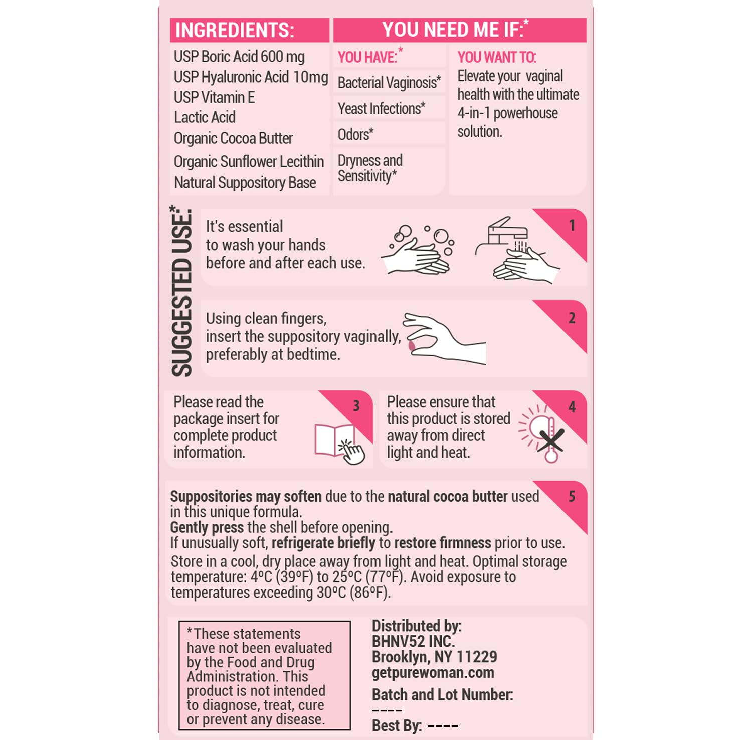 PURE WOMAN - pH-ighter Vaginal Boric Acid Suppositories for Women - Hyaluronic Acid - 4 in 1 Vaginal Suppositories for Discomfort, Dryness, Odor & pH Balance- Full Vaginal Health Care - 7pk PURE WOMANBuy Supplements Australia