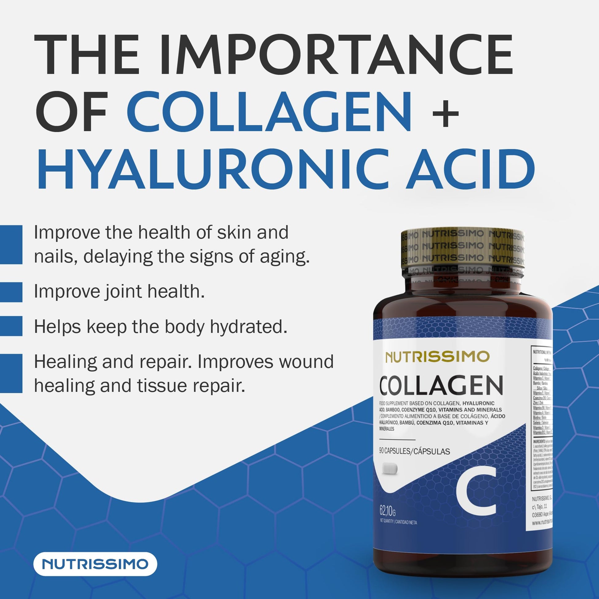 NUTRISSIMO Collagen + Hyaluronic Acid + Biotin + CoQ10 + Vitamins A, C (non-acidic), D and B12 + Zinc NUTRISSIMOBuy Supplements Australia
