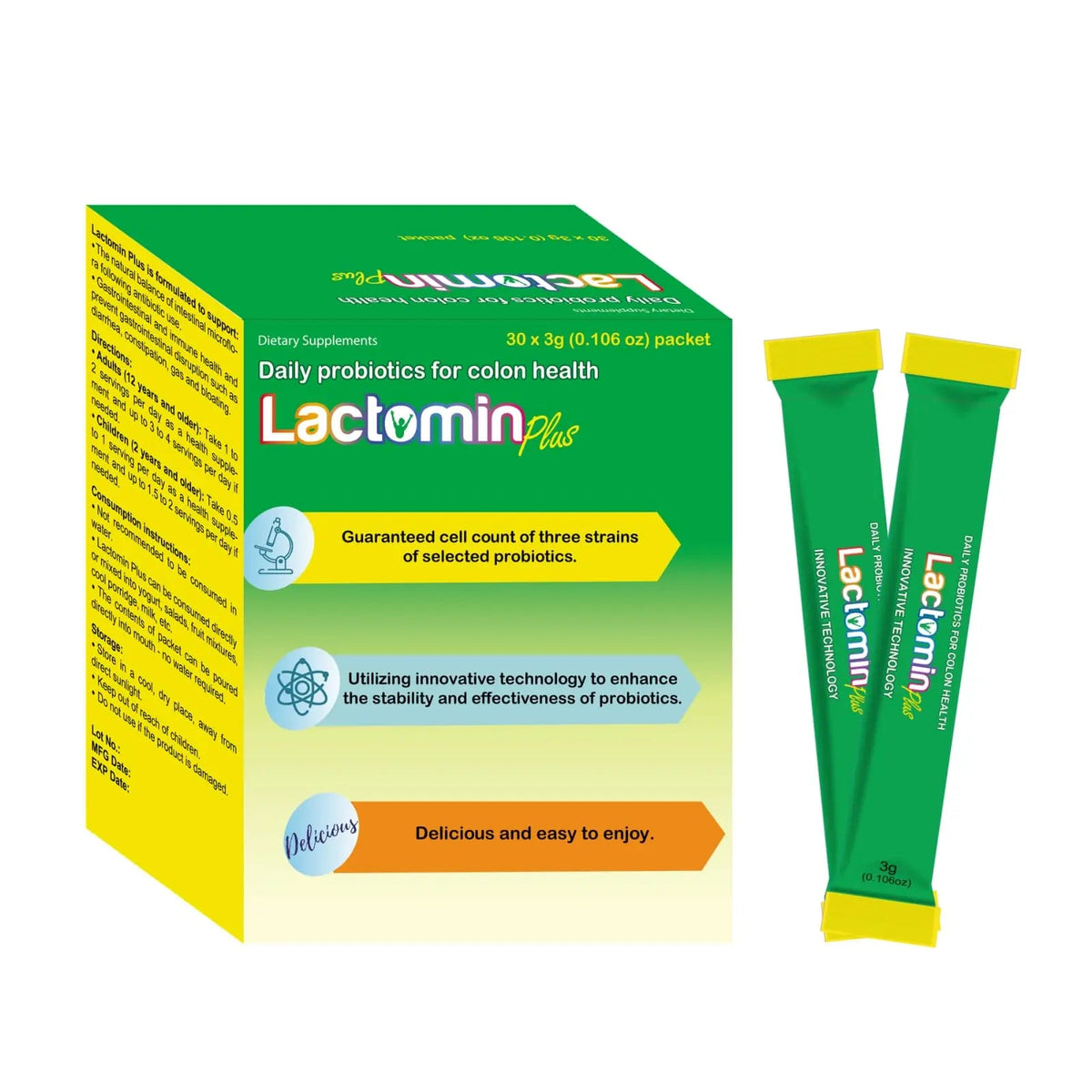 Probiotics - LactominPlus-3 Probiotics Strains - Powder - Sweet Yogurt Flavor - 30 Sticks x 3g (1month), 1.5 Billion CFU, with Prebiotics(FOS), Constipation & Bloating Relief, Microencapsulated LactominBuy Supplements Australia