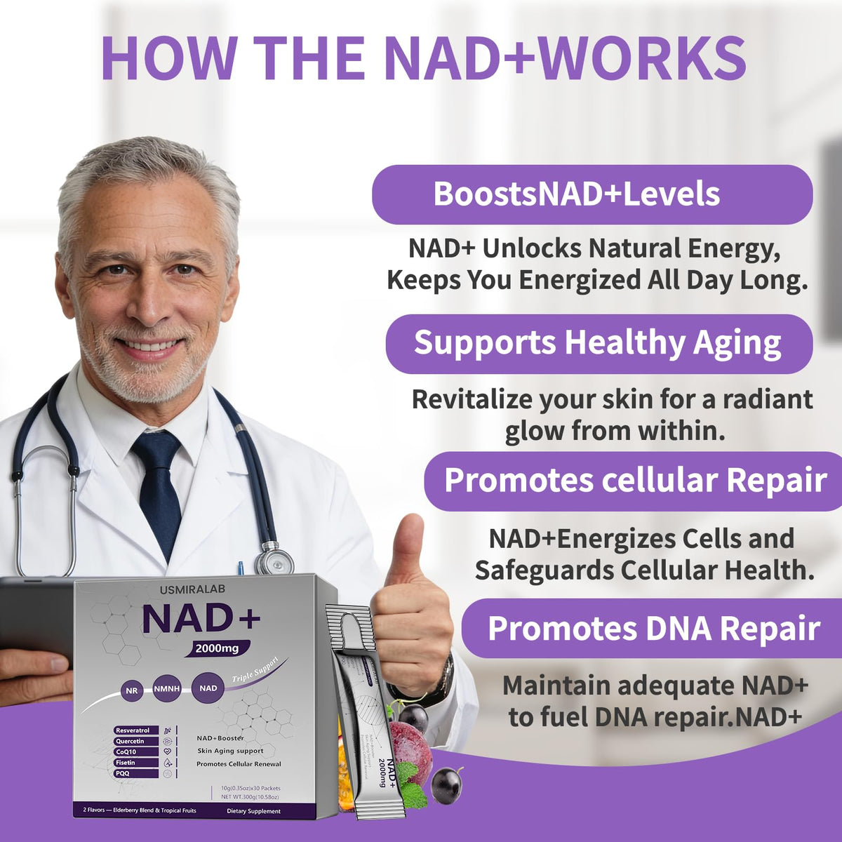 NAD+ Supplement Packets | 1000mg Liquid | Advanced Nicotinamide Riboside, Trans-Resveratrol, PQQ & Quercetin Complex for Cellular Energy & Healthy Aging Support - 2 Flavors (30 Count) USMIRALABBuy Supplements Australia