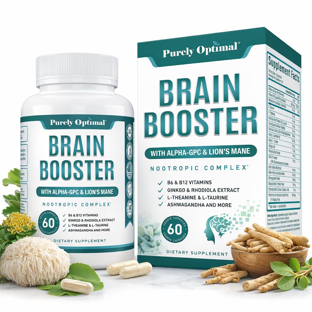 Purely Optimal Brain Booster Nootropic Supplement – Brain Support for Memory, Focus, Clarity, Jitter-Free Energy for Adults, Seniors– with Ginkgo Biloba, Alpha GPC, Lion’s Mane – 60 Capsules Purely OptimalBuy Supplements Australia