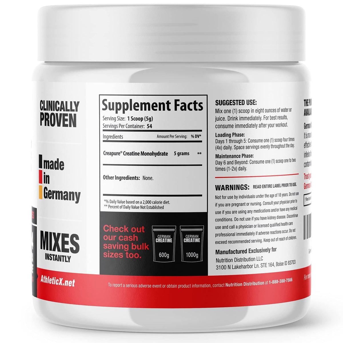 German Creatine - Micronized Creatine Monohydrate Powder, 99.99% Pure Creapure for Muscle Growth, Strength & Performance, Supports Muscle Recovery, 3rd Party Tested