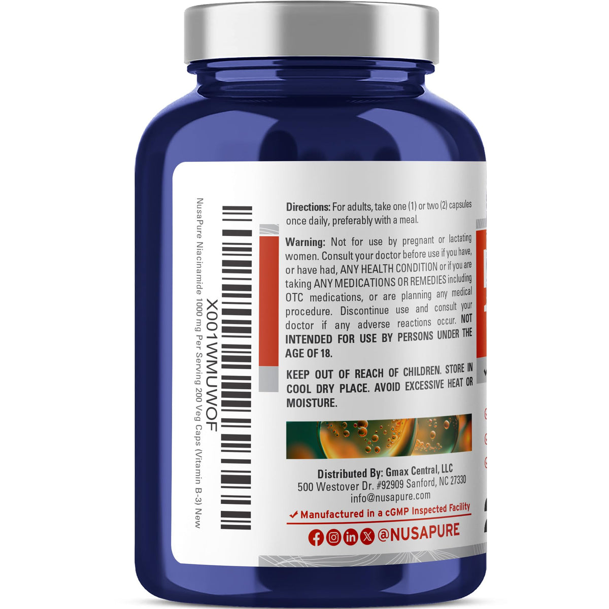 NusaPure Niacinamide 1000mg 200 Veggie Capsules (Non-GMO, Vegan) Flush Free NusaPureBuy Supplements Australia