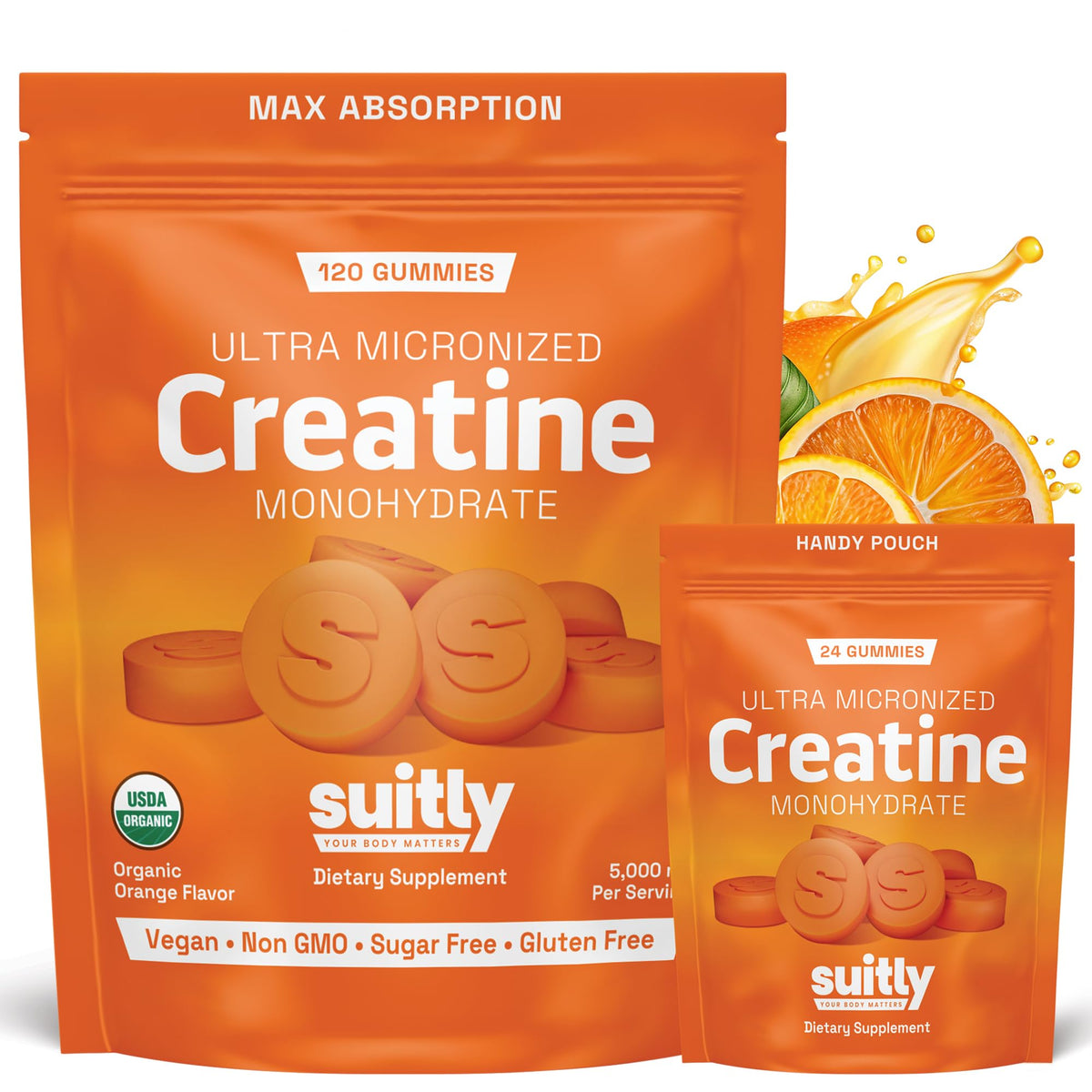 USDA Organic Ultra-Micronized Creatine Gummies for Men & Women; Orange Max Absorption 5g Creatine Gummies Sugar Free for Muscle Gain, Energy & Recovery; Muscle Builder for Women with Pouch - 120 Count SuitlyBuy Supplements Australia