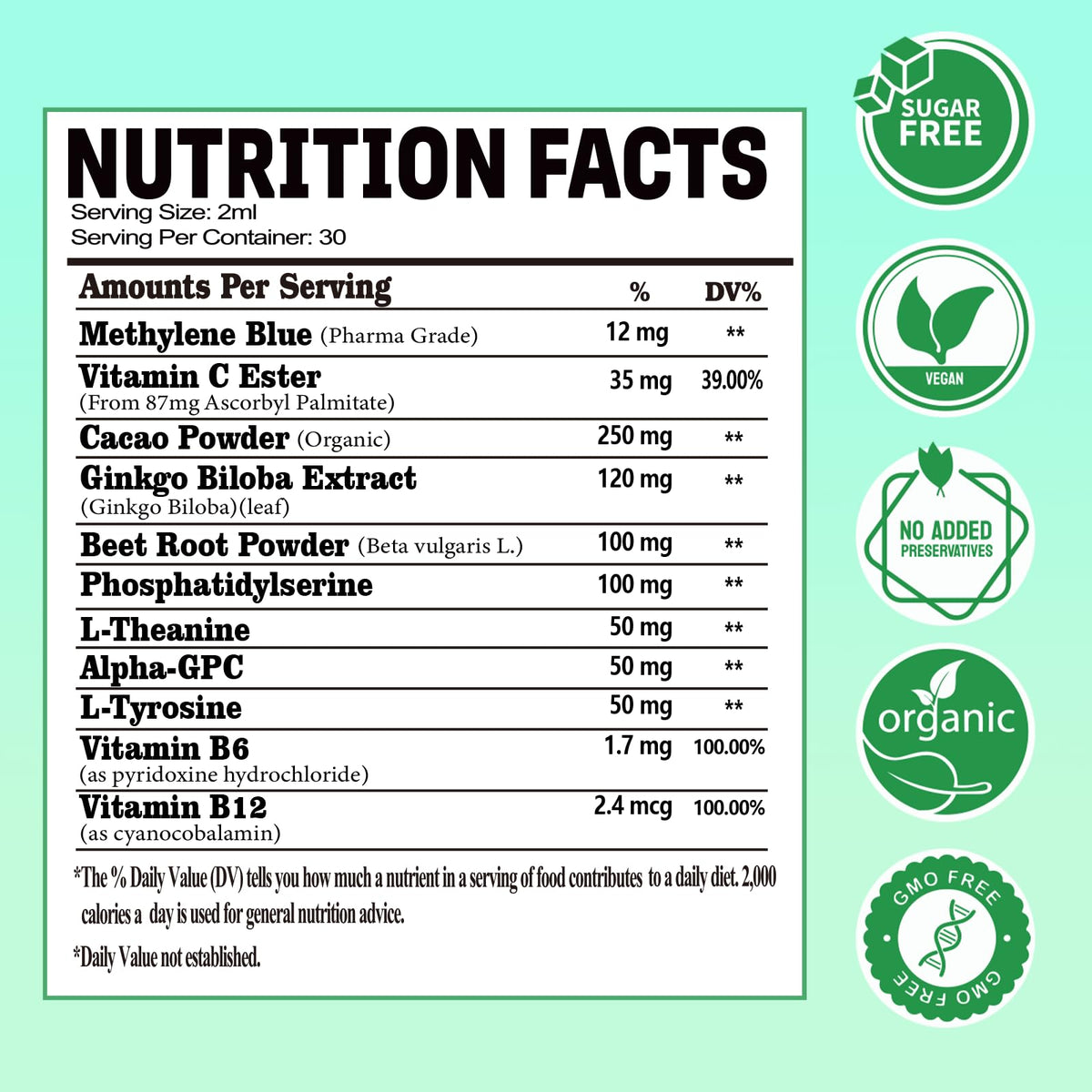 Methylene Blue Drops 1% Solution, Pharmaceutical Grade for Humans 11-in-1 Nootropic Blend w.Vitamin C Ester Cacao & L-Theanine, Third-Party Tested Methyl Blue, No Formaldehyde, Memory Focus Cognitive AuraraNeNourishBuy Supplements Australia