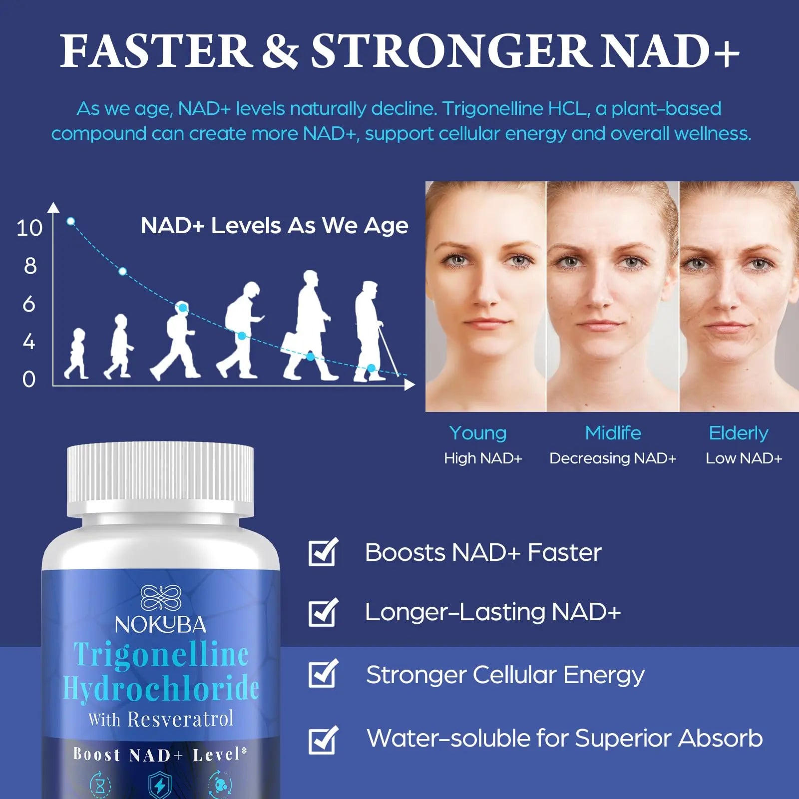 Nokuba NAD Supplement - NMNH Alternative with Trigonelline HCL 500mg & Resveratrol - NAD+ Precursors Plant Extraction - Support Cellular Energy & Healthy Aging & Brain for Women & Men - 90 Capsules NokubaBuy Supplements Australia