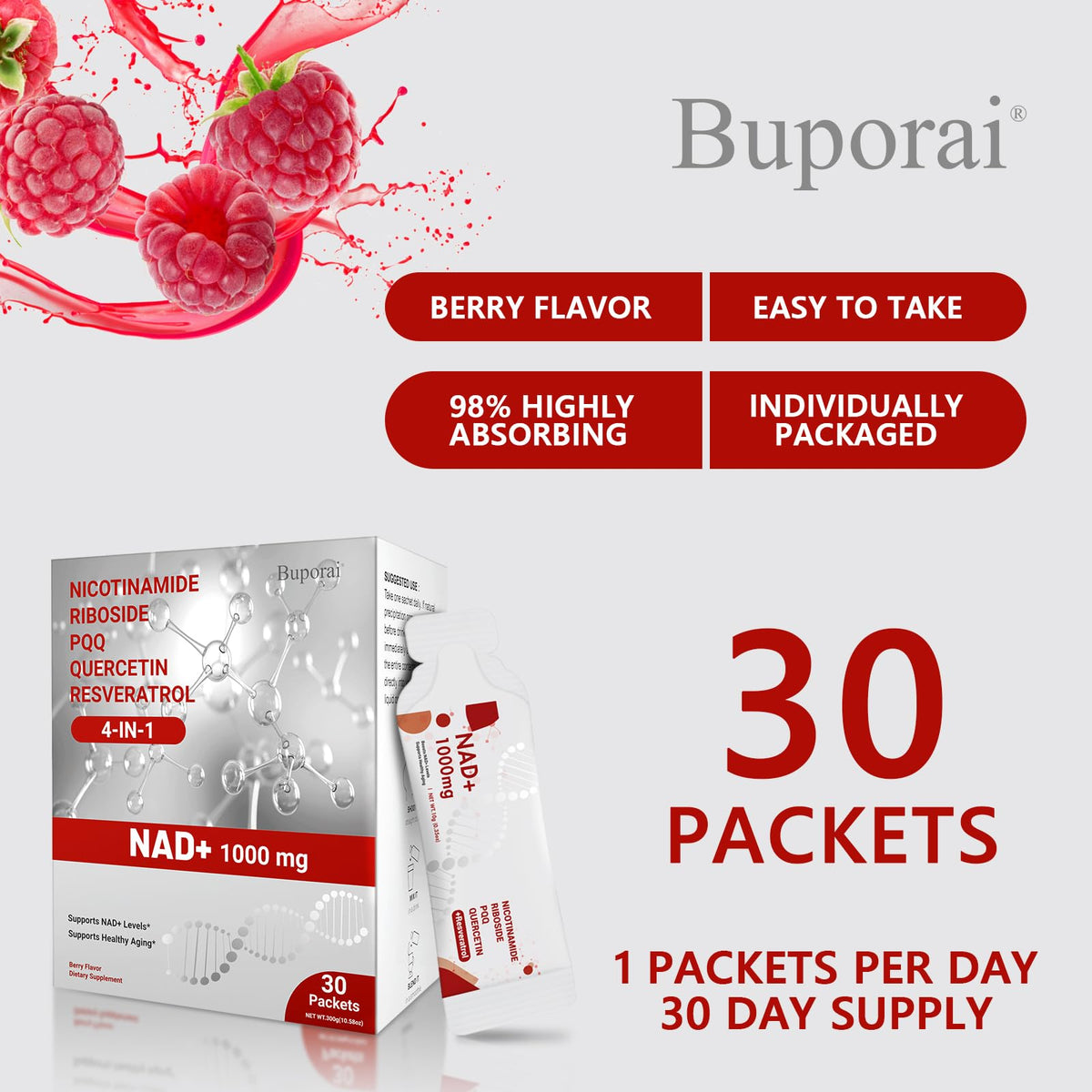 Buporai NAD Supplement 1000 mg Liquid Packets - NAD Supplements for Women & Men with Nicotinamide Riboside, Resveratrol, PQQ, Quercetin - NMNH Supplement Alternative for Anti-Aging, Energy-30 Packets BuporaiBuy Supplements Australia
