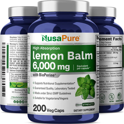 NusaPure Lemon Balm 30:1 Extract, 200 mg Equivalent to 6000mg Per Vegan Caps - 200 Count Non-GMO, Vegan Bioperine NusaPureBuy Supplements Australia