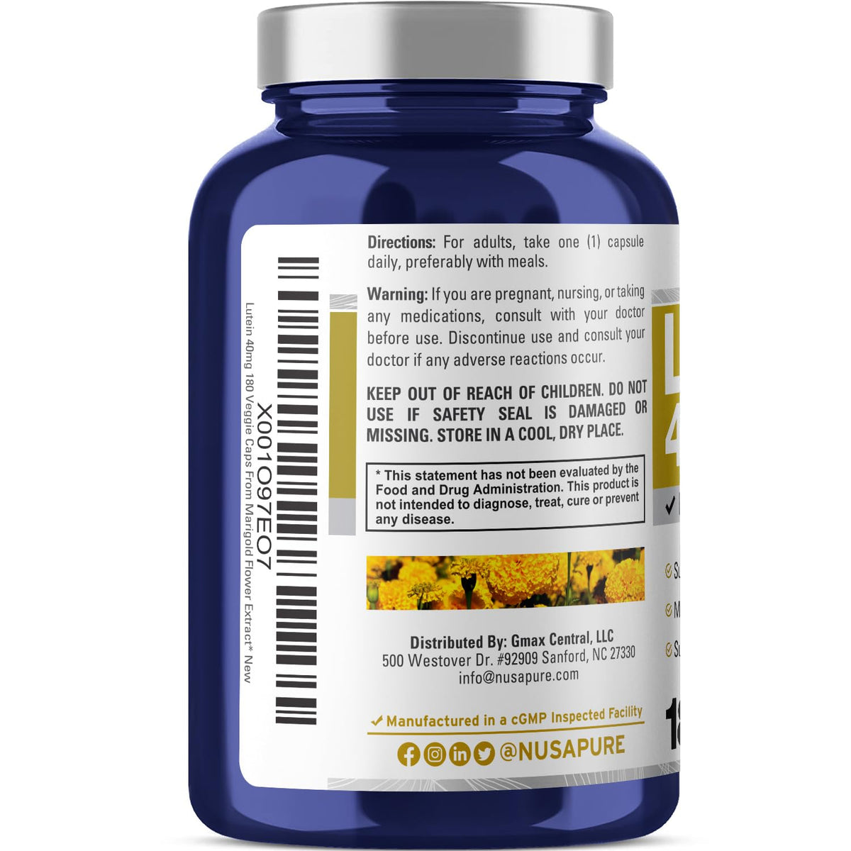 NusasPure Lutein - Suitable for Vegetarian/Vegan, Non - GMO - 40 mg - 180 Capsules NusaPureBuy Supplements Australia