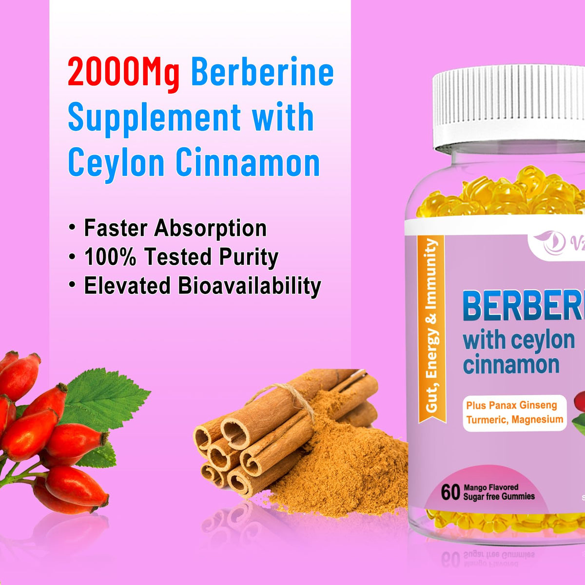 2 Pack Berberine with Ceylon Cinnamon Gummies, 2000mg High Potency Berberine HCI VZOXAINSBuy Supplements Australia