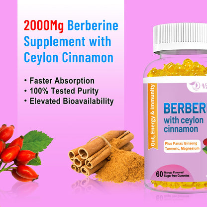 2 Pack Berberine with Ceylon Cinnamon Gummies, 2000mg High Potency Berberine HCI VZOXAINSBuy Supplements Australia