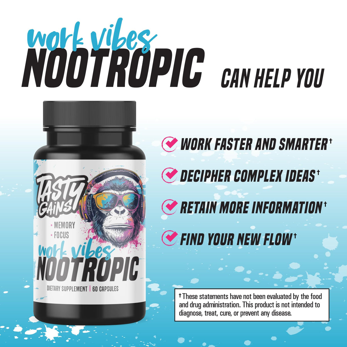 Nootropic Brain Supplement for Memory and Focus - Vitamin for Mental Health & Brain Health with L-Theanine, Rhodiola Rosea & Phosphatidylserine - Memory, Mental Clarity & Cognitive Improvement - 60 Ct TASTY GAINSBuy Supplements Australia