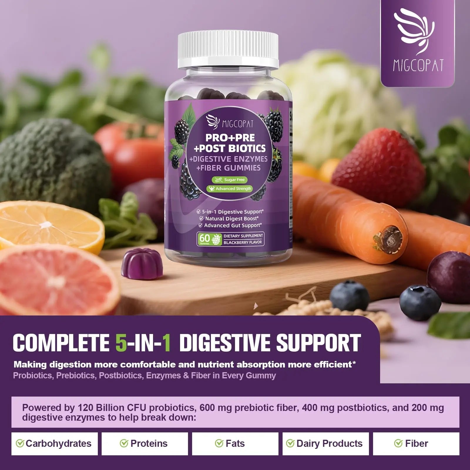 Migcopat Pre Post Probiotics Gummies, 5 in 1 Probiotic Prebiotic Postbiotic Digestive Enzymes with Fiber, 120 Billion CFU Probiotics Complete Gut Support, Sugar Free, Vegan, BlackBerry Flavor, 60 Cts MigcopatBuy Supplements Australia