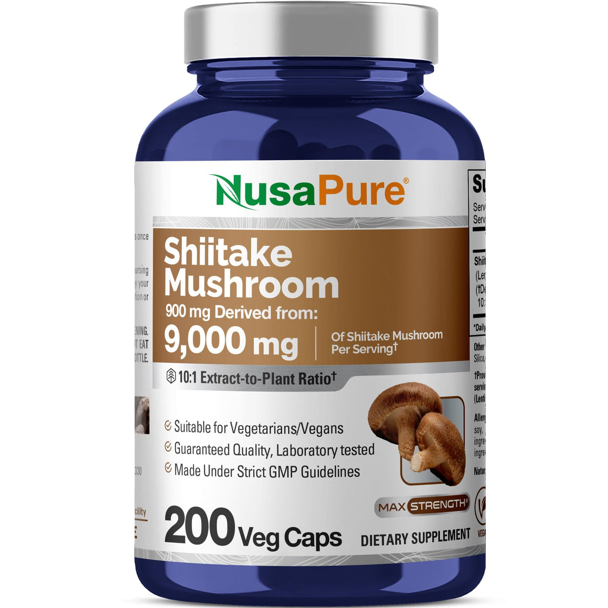NusaPure Shiitake Mushroom 10:1 Extract, 900 mg Equivalent to 9000mg 200 Veggie Capsules (Non-GMO, Vegan) NusaPureBuy Supplements Australia