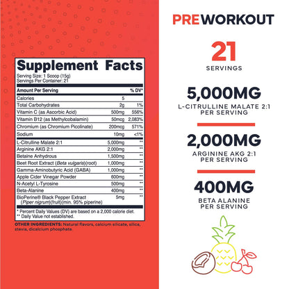 Ultra Clean Stim Free Pump Pre Workout + Nitric Oxide Booster (Fruit Punch) Beetroot, 7G Arginine Citrulline Malate, Betaine, Beta A, ACV+ - Sugar/Caffeine Free Natural Non Stim Preworkout Men & Women Type ZeroBuy Supplements Australia