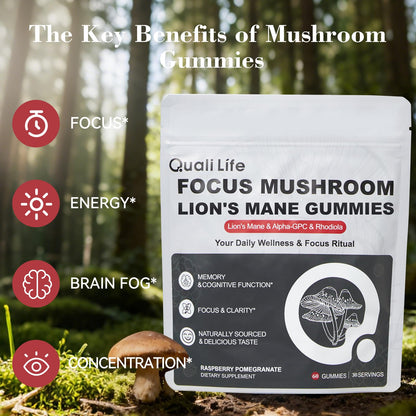 Mushroom Gummies with Lion’s Mane - Alpha Brain Gummy for Focus & Memory - Nootropic Focus Gummies with Rhodiola & Alpha-GPC – Vegan Brain Supplement, Raspberry Pomegranate Flavor, 60 Count (1) QualiLifeBuy Supplements Australia