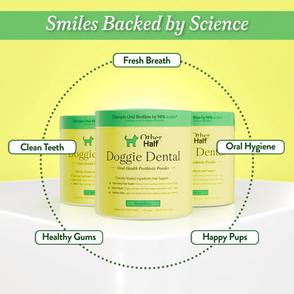 OTHER HALF Doggie Dental Supplement Powder - Dog Breath Freshener & Teeth Cleaning Made Easy - Oral Health Postbiotic for Dogs - Targets Tartar, Plaque & Bad Breath | 45 Scoops, Bacon Flavor OTHER HALFBuy Supplements Australia