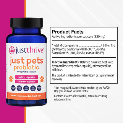 Just Thrive Just Pets Probiotic - Daily Digestive Probiotics for Dogs and Cats - 4 Billion CFUs Pet Probiotic, 30 Capsules Just ThriveBuy Supplements Australia