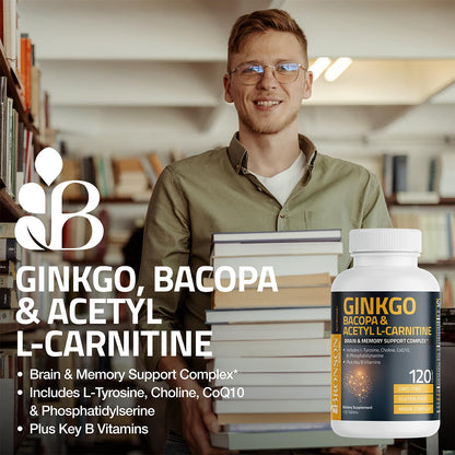 Bronson Ginkgo, Bacopa & Acetyl L-Carnitine Brain & Memory Support Complex with L-Tyrosine, Choline, CoQ10 & Phosphatidylserine Plus Key B Vitamins Non-GMO, 30 Tablets BronsonBuy Supplements Australia