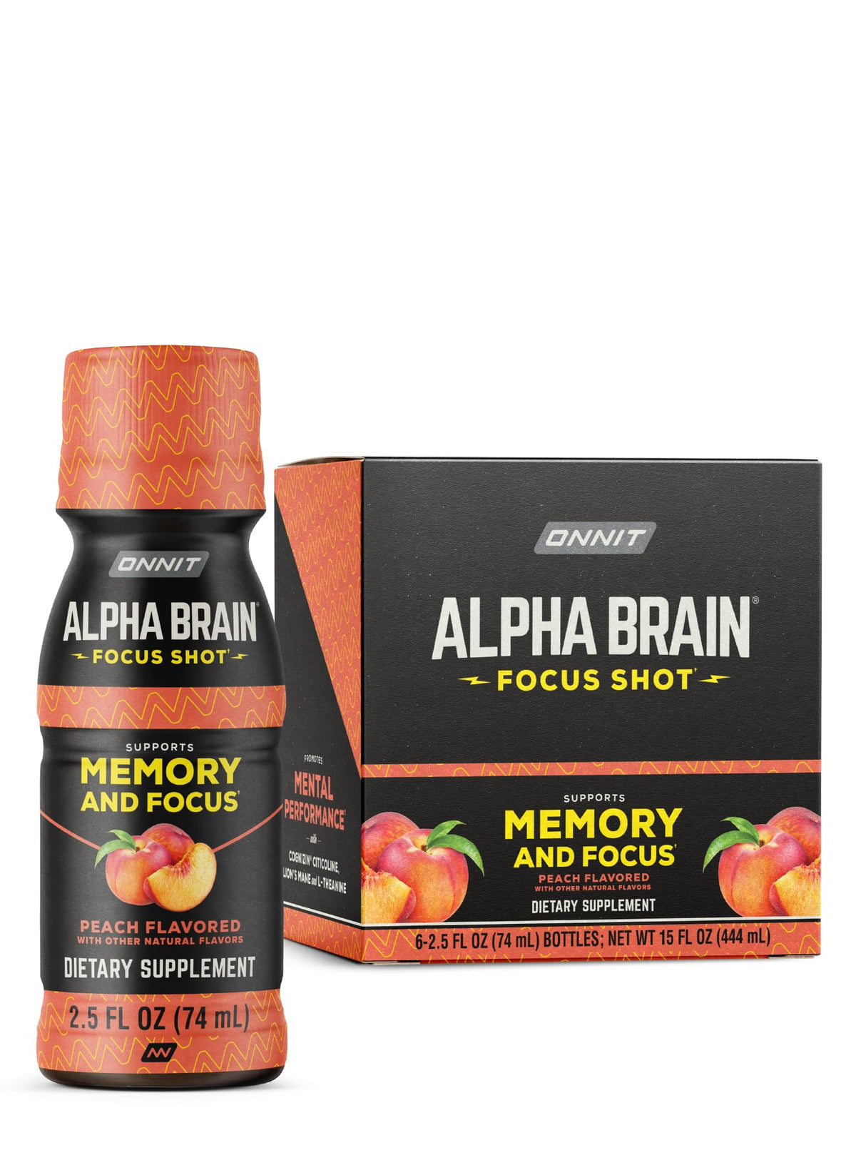 ONNIT Alpha Brain Focus Shot, Peach Flavor, Nootropic Dietary Supplement Drink That Supports Energy, Focus, and Mood, IGEN™ Non-GMO Tested, 2.5 fl oz, 6 Count ONNITBuy Supplements Australia