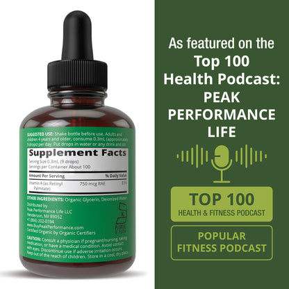 USDA Organic Vitamin A Liquid Drops Supplement. Vegan High Bioavailability for Eye, Skin + Bone Health. for Adults, Men, Women, Kids. Vit A Oil Retinyl Palmitate. Gluten Free, Zero Sugar. 100 Servings Peak PerformanceBuy Supplements Australia
