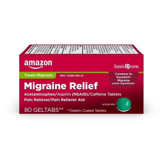 Amazon Basic Care Migraine Relief Geltabs, Pain Reliever, Acetaminophen 250 mg, Aspirin 250 mg (NSAID) and Caffeine 65 mg, Headache Relief, 80 Count Amazon Basic CareBuy Supplements Australia