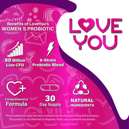 Love You Womens Probiotic, Ph Balance, Ut, Feminine, Vaginal Health Supplement, Digestive, Pre + Pro + Postbiotic, Delayed Release, 60 Billion Live CFU, 8-Strain Probiotic Blend, 30 Veg Caps Servings Love YouBuy Supplements Australia