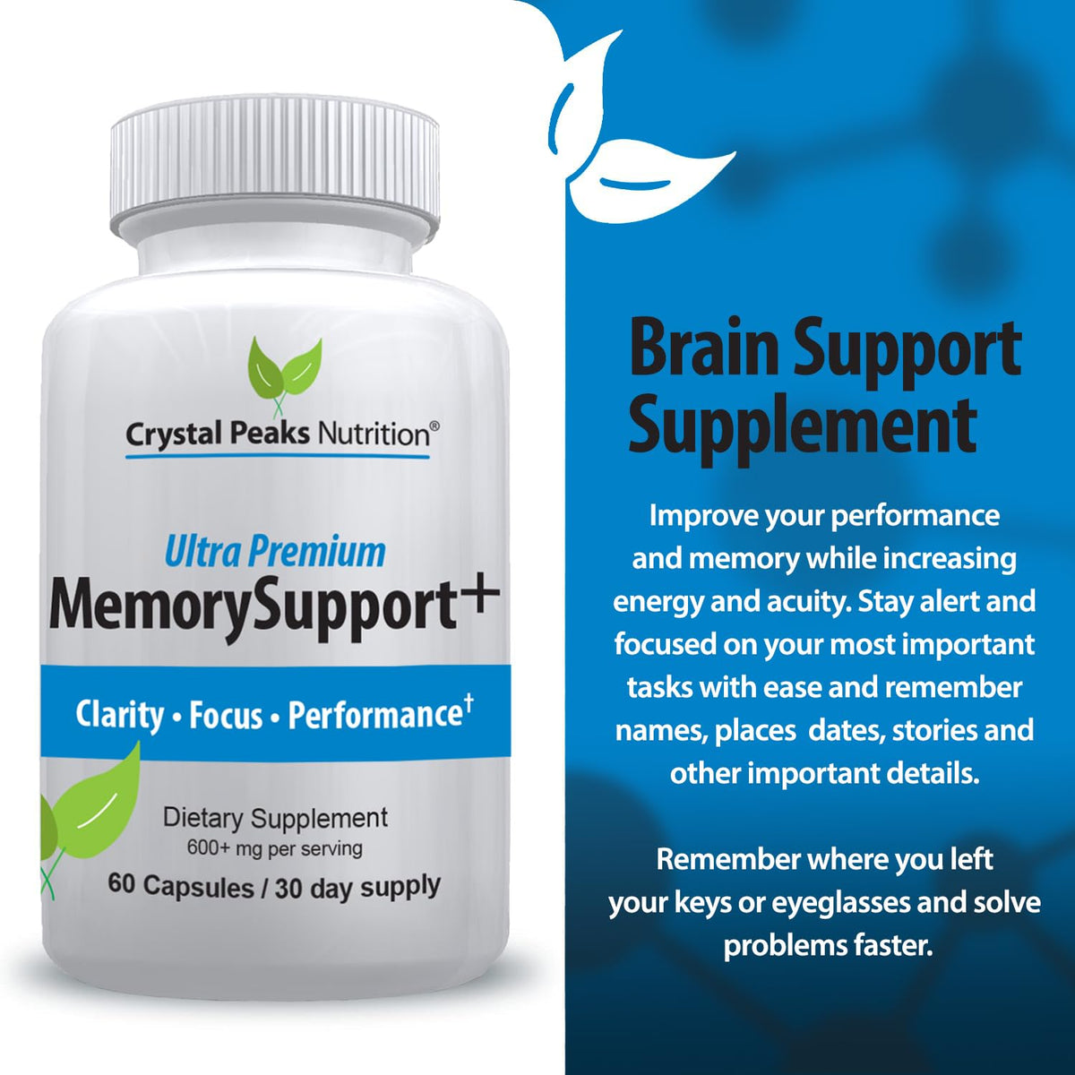 Memory Boost + Brain Support Supplement – Nootropic for Focus, Concentration, Memory. Enhanced Energy, Recall and Alertness - 60 Capsules/30-day Supply. CRYSTAL PEAKS NUTRITION buy supplements Au