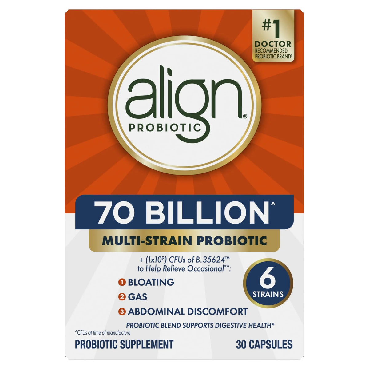 Align Probiotic, 70 Billion CFU, 6 Strain Blend, Probiotics for Women and Men, Daily Probiotics for Digestive Health, Helps Relieve Occasional Bloating & Gas 30 Capsules AlignBuy Supplements Australia