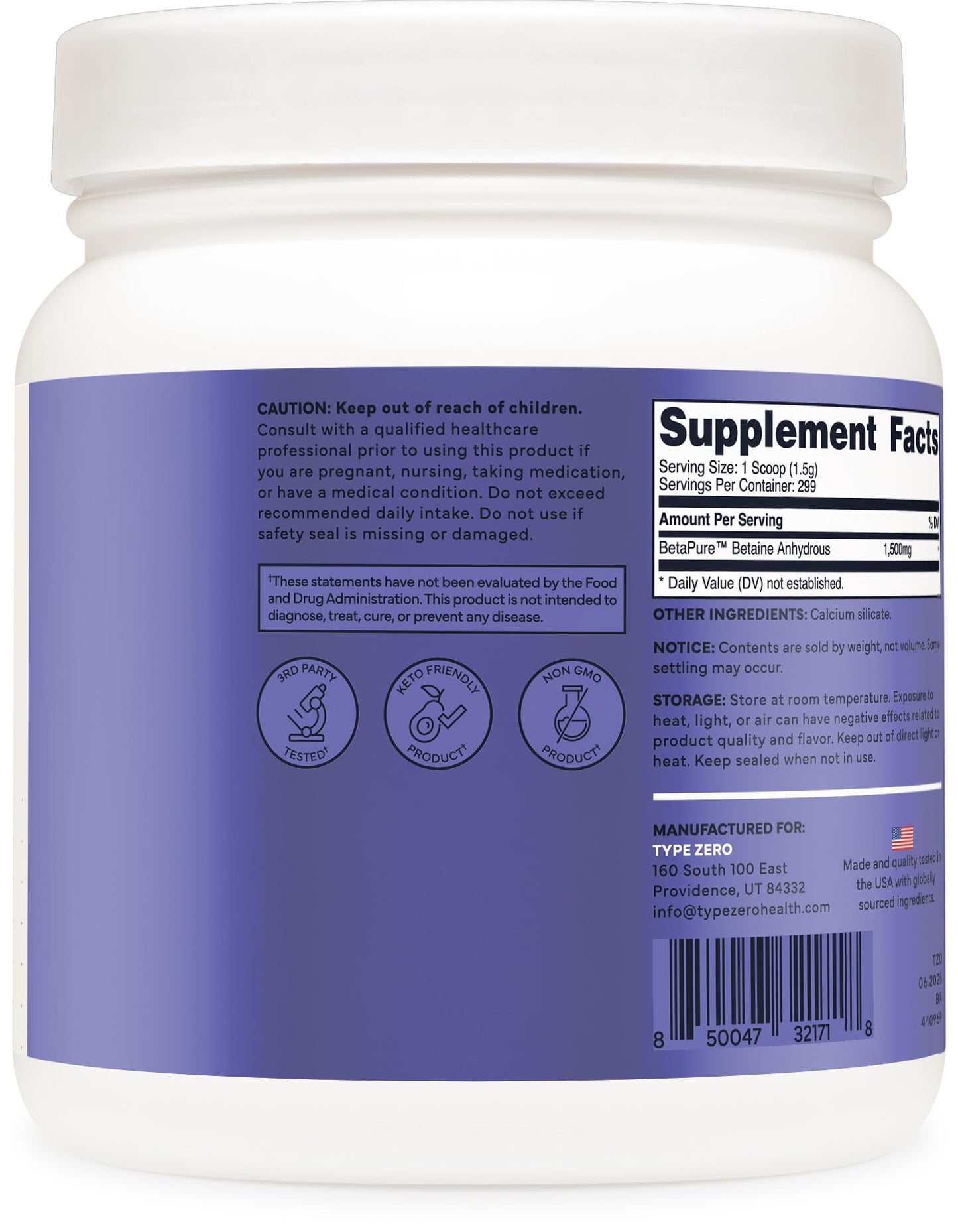 Type Zero Betaine Anhydrous Powder (1 LB) Unflavored - Clean Betaine Anhydrous Supplement, TMG, Trimethylglycine, 1,500mg Per Serving, Keto, GMO-Free Type ZeroBuy Supplements Australia