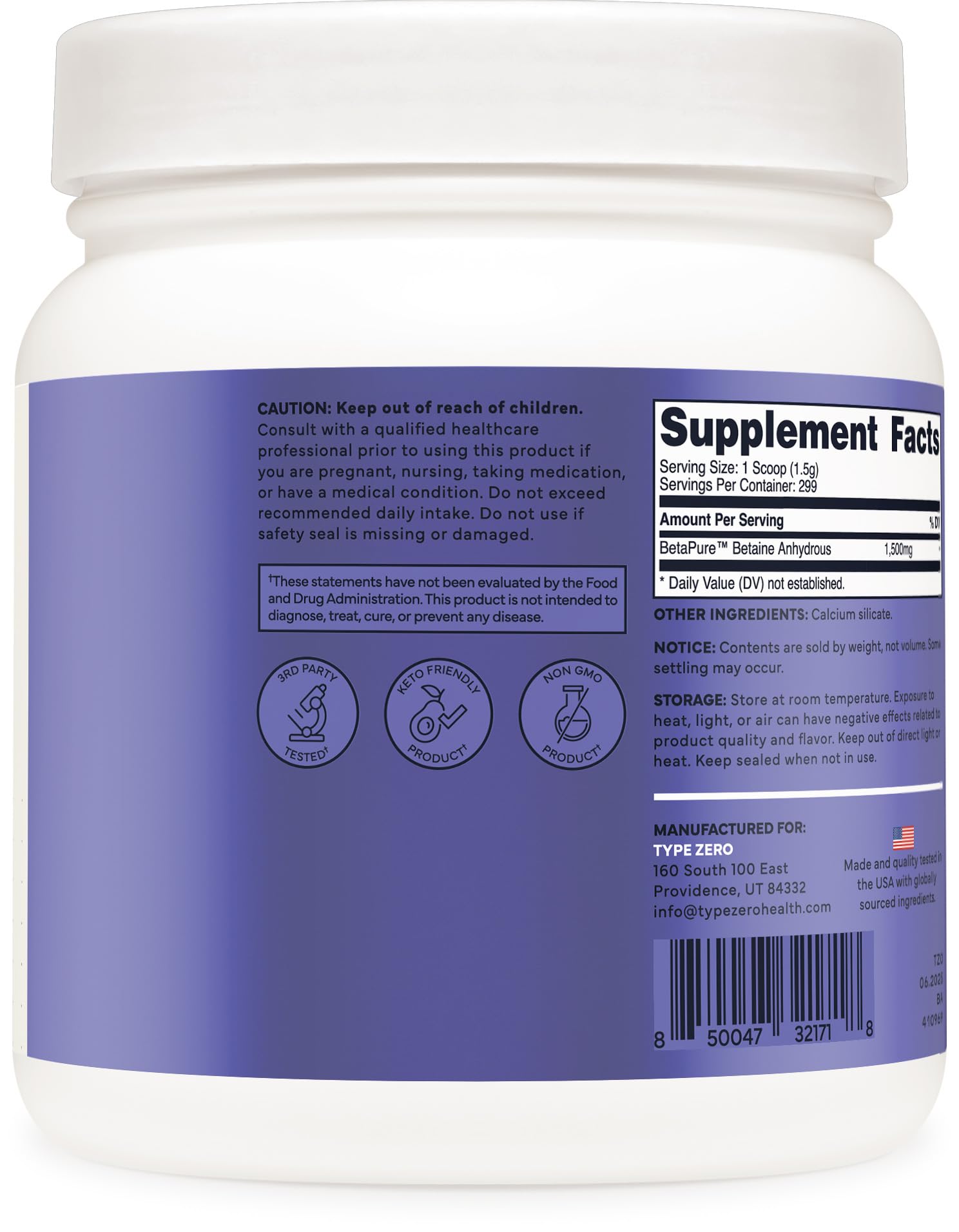 Type Zero Betaine Anhydrous Powder (1 LB) Unflavored - Clean Betaine Anhydrous Supplement, TMG, Trimethylglycine, 1,500mg Per Serving, Keto, GMO-Free Type ZeroBuy Supplements Australia