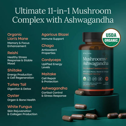 USDA Organic Lions Mane Supplement Capsules with Ashwagandha, Chaga, Reishi, Cordyceps, Turkey Tail (18,600mg/serv) 10x Adaptogenic Mushroom Complex as Focus Supplement - Energy, Immunity & Nootropic Etta VitaBuy Supplements Australia