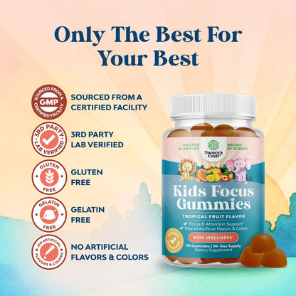 Kids Focus Gummies - Nootropics Brain Support Supplement for Kids with Green Tea Extract, B6 & B12 Vitamins for Memory and Brain Focus - Herbal Concentration Chews for Children - 90 Count Natures CraftBuy Supplements Australia