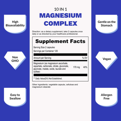 UpNourish Magnesium Supplement - 10 in 1 Magnesium Complex - Full Spectrum Magnesium Mineral Supplements with Glycinate, Citrate, Taurate, Malate, Carbonate, Oxide and More, 240 Vegan Capsules UpNourish buy supplements Au