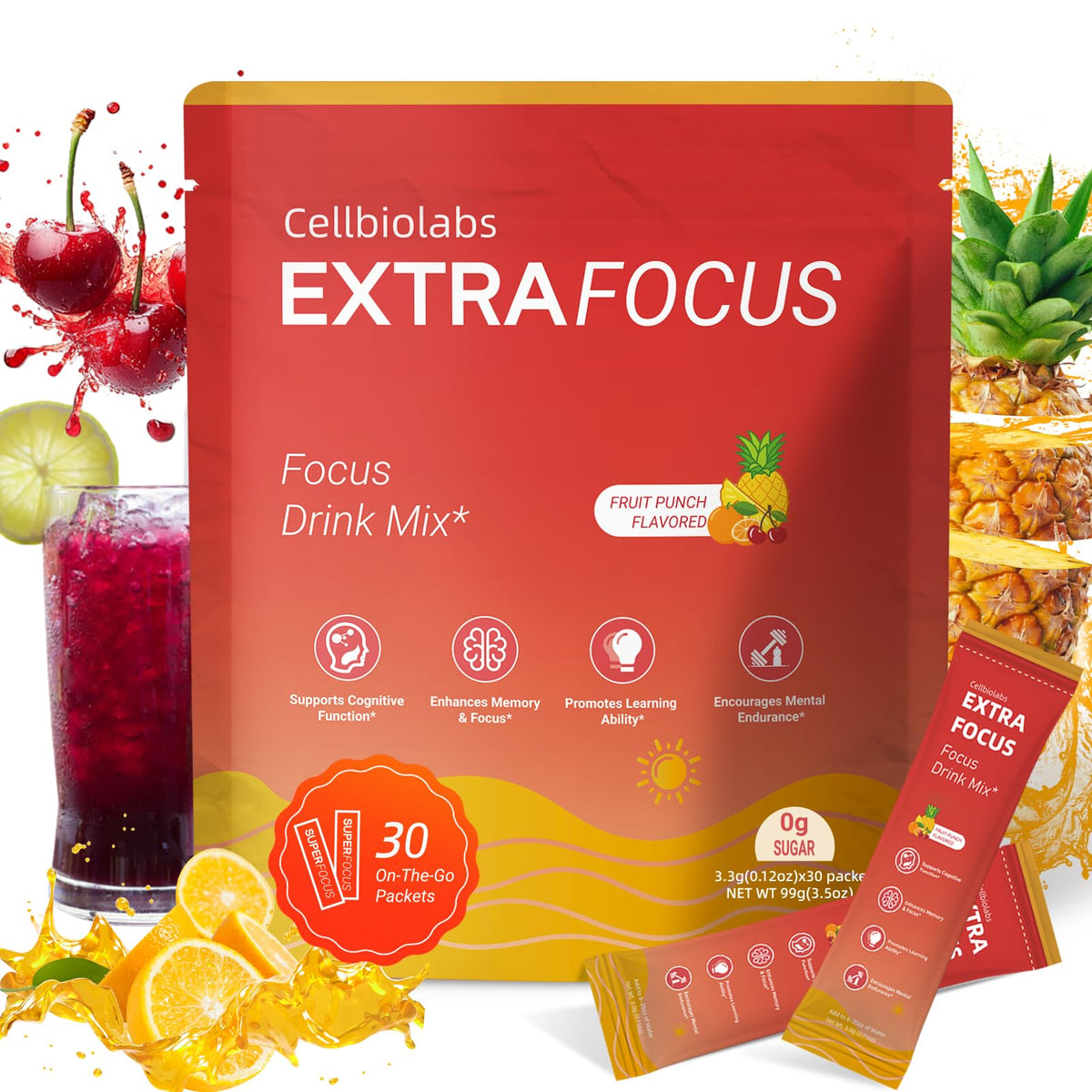 Nootropic Extra Focus Drink Mix, 30 Packs On-The-Go Sticks, Featuring Alpha-GPC, Lion's Mane & Rhodiola, Sugar-Free Packets Fruit Punch Clean Drink Mix CellbiolabsBuy Supplements Australia