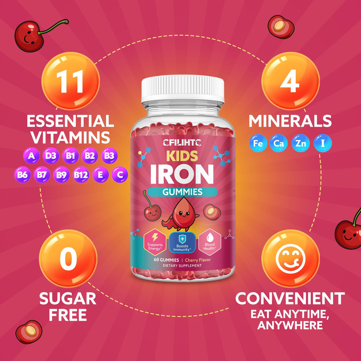 Iron Gummies for Kids & Teens, Kids Multivitamin with Iron Supplement, Calcium, Folate, Zinc, Prebiotic - for Blood Builder & Energy Support, Iron Deficiency - Vegan & Non-GMO - 60 Count Cherry CFILIHTCBuy Supplements Australia