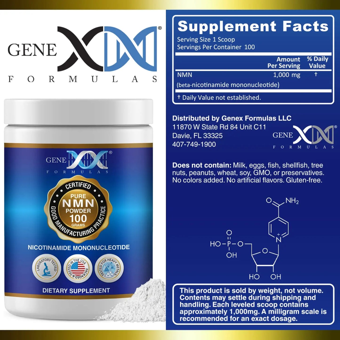 Genex Formulas Pure NMN Powder 100 Grams, Instant Dissolve, Shelf Stable, Non-Synthetic, PVP Free, Ultra-Low Density, 99.9% Pure NMN, Made in a US-Based, GMP, NSF & FSSC 22000 Certified Facility Genex FormulasBuy Supplements Australia