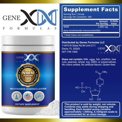 Genex Formulas Pure NMN Powder 100 Grams, Instant Dissolve, Shelf Stable, Non-Synthetic, PVP Free, Ultra-Low Density, 99.9% Pure NMN, Made in a US-Based, GMP, NSF & FSSC 22000 Certified Facility Genex FormulasBuy Supplements Australia