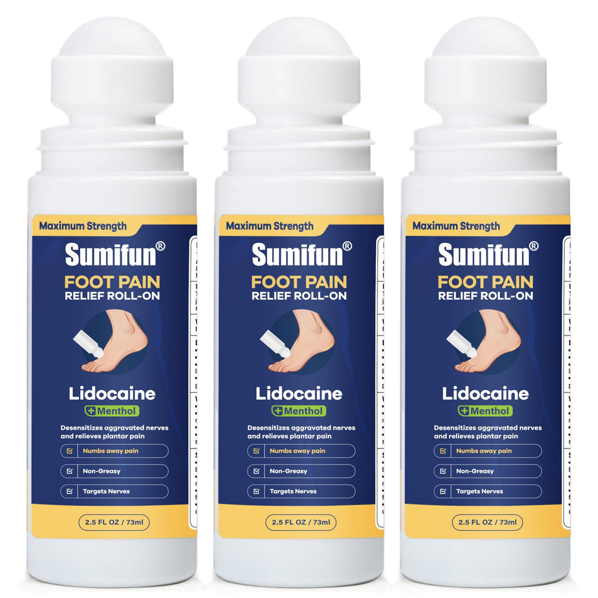 Sumifun Foot Pain Relief Lidocaine Roll-On - Maximum Strength OTC for Plantar Fasciitis & Heel Pain - Fast-Drying, Non-Greasy Formula, 2.5 Fl Oz * 3 SumifunBuy Supplements Australia