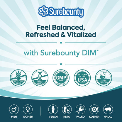 Surebounty DIM Supplement 300mg for Women & Men, Estrogen Balance & Metabolism, Hormone Balance, Menopause Support, Energy Maintainence, High Absorption with Black Pepper Extract, 120 Caps SurebountyBuy Supplements Australia