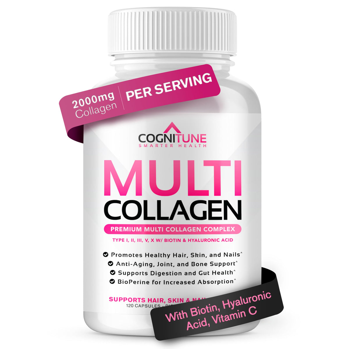 CogniTune Multi Collagen Peptides for Women with Biotin, Hyaluronic Acid, Vitamin C - 5 Types I II III V X Colageno Hidrolizado - 2000mg Hair Skin Nails Joints Support - 120 Capsules CogniTuneBuy Supplements Australia