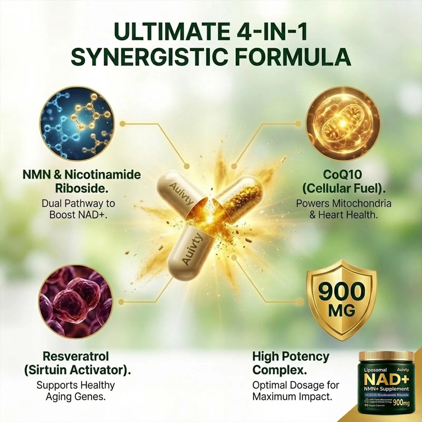 Auivty Liposomal NAD+ NMN Supplement with COQ10, Nicotinamide Riboside, Trans-Resveratrol, 900mg, 90 Veggie Capsules AuivtyBuy Supplements Australia