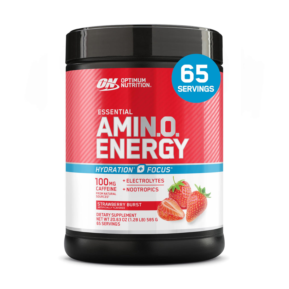 Optimum Nutrition Amino Energy Powder Plus Focus, with BCAA, Electrolytes, and Caffeine, Strawberry Burst, 65 Servings Optimum NutritionBuy Supplements Australia
