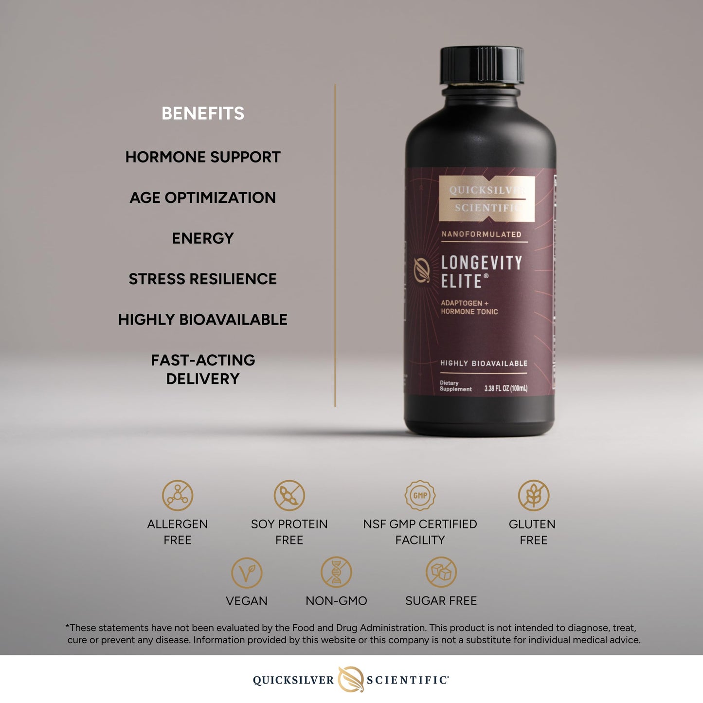 Quicksilver Scientific Longevity Elite - Liposomal Adaptogen + Pregnenolone Tonic - Herbal Supplements Designed for Age Optimization Support While Targeting AMPK, Sirtuins + Telomeres (100ml) Quicksilver ScientificBuy Supplements Australia