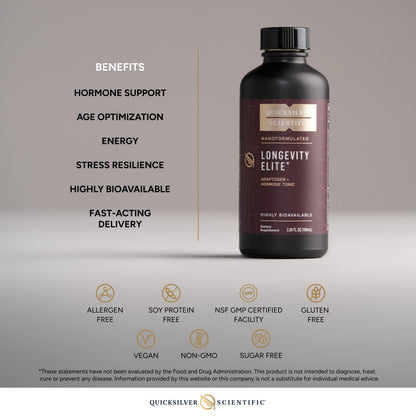 Quicksilver Scientific Longevity Elite - Liposomal Adaptogen + Pregnenolone Tonic - Herbal Supplements Designed for Age Optimization Support While Targeting AMPK, Sirtuins + Telomeres (100ml) Quicksilver ScientificBuy Supplements Australia