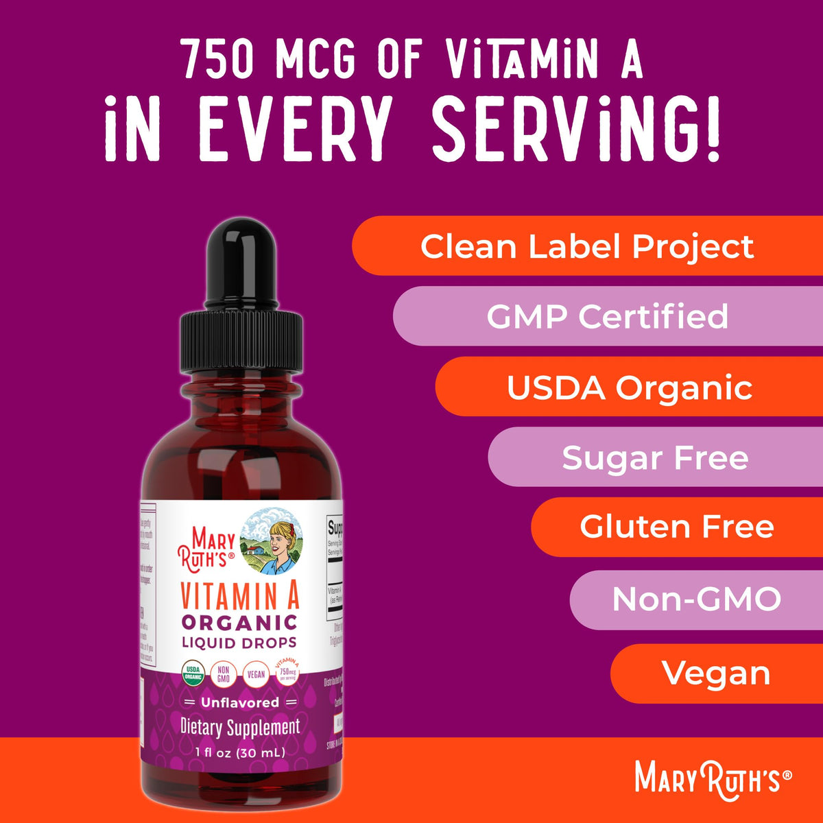 MaryRuth Organics USDA Organic Vitamin A Liquid Drops | 3 Month Supply | Bone Health for Ages 14+ | Essential Vitamin | 750mcg per Serving | Sugar Free | Vegan | Non-GMO | Gluten Free | 1oz MARYRUTH'SBuy Supplements Australia