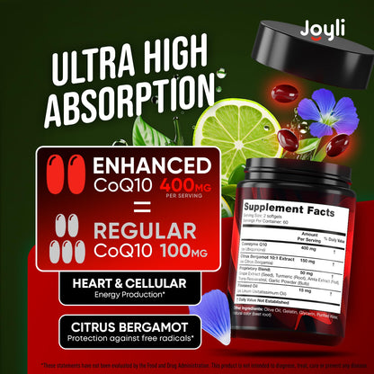 CoQ10 400mg Softgels - High Absorption Co Q10, 400mg Softgels for Heart Health & Energy Production - Enhanced Co Q 10 Supplement with Antioxidants and Flaxseed Oil - CoQ10 400 mg per Serving JOYLI NutritionBuy Supplements Australia