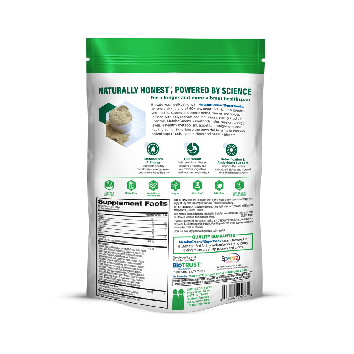 BioTrust Metabo Greens Superfood Powder - Super Greens Powder, Fruit & Veggie Blend with Clinically Studied Spectra - Non GMO, Soy Free, Gluten Free, Dairy Free, Energizing Berry Flavor (30 Servings) BioTrustBuy Supplements Australia