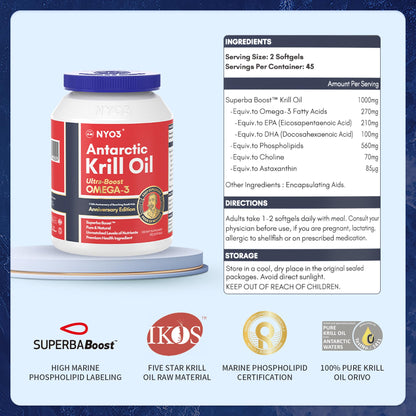 NYO3 Antarctic Krill Oil 1000mg Omega 3 Supplement, EPA & DHA, 90 Softgels Astaxanthin NYO3Buy Supplements Australia