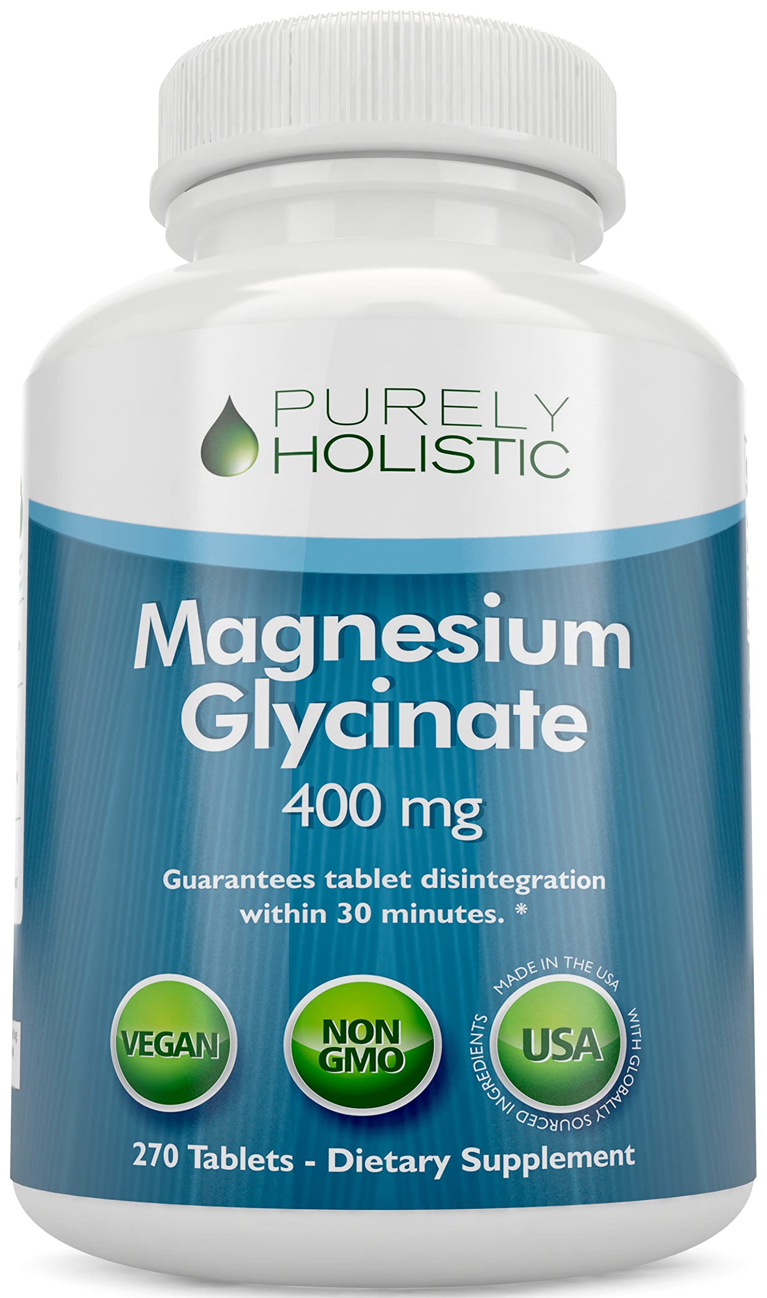 Magnesium Glycinate 400mg - 270 Magnesium Tablets (not Capsules) - 400 mg Elemental Magnesium - Highly Bioavailable - Vegan and Vegetarian - for Improved Sleep, Stress Relief & Cramp Defense Purely HolisticBuy Supplements Australia